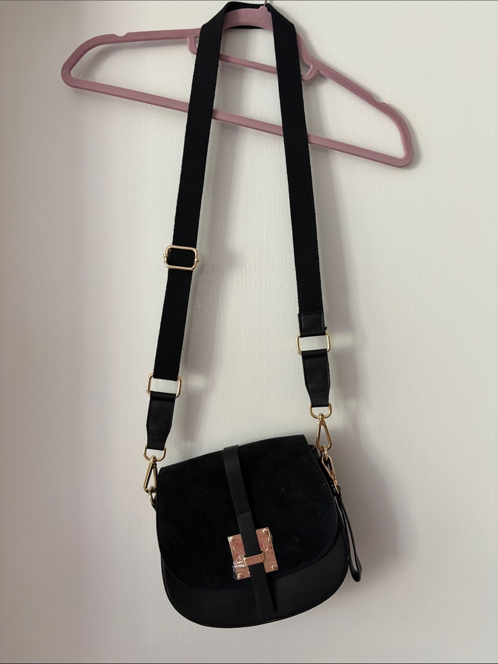 Black Suede & Leather Crossbody Bag with Gold Hardware - Picture 2 of 6